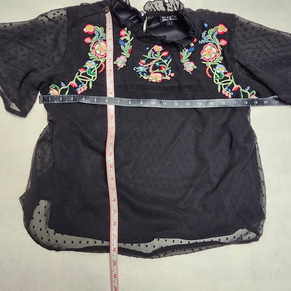 Floral Embroidered Boho Sheer Blouse Womens L Black Cottagecore Swiss Dot - Picture 5 of 7